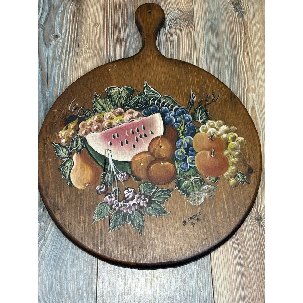 Vintage Wooden Cutting Board Signed S. Campbell 78 Fruit Handpainted 21x16"